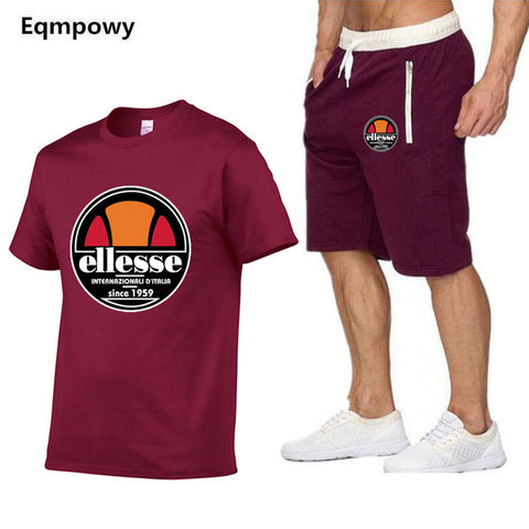 Men's T-shirt short sleeves and shorts set casual fashion sport printed cotton T-shirt and polyester shorts set