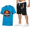 Men's T-shirt short sleeves and shorts set casual fashion sport printed cotton T-shirt and polyester shorts set