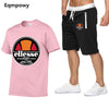Men's T-shirt short sleeves and shorts set casual fashion sport printed cotton T-shirt and polyester shorts set